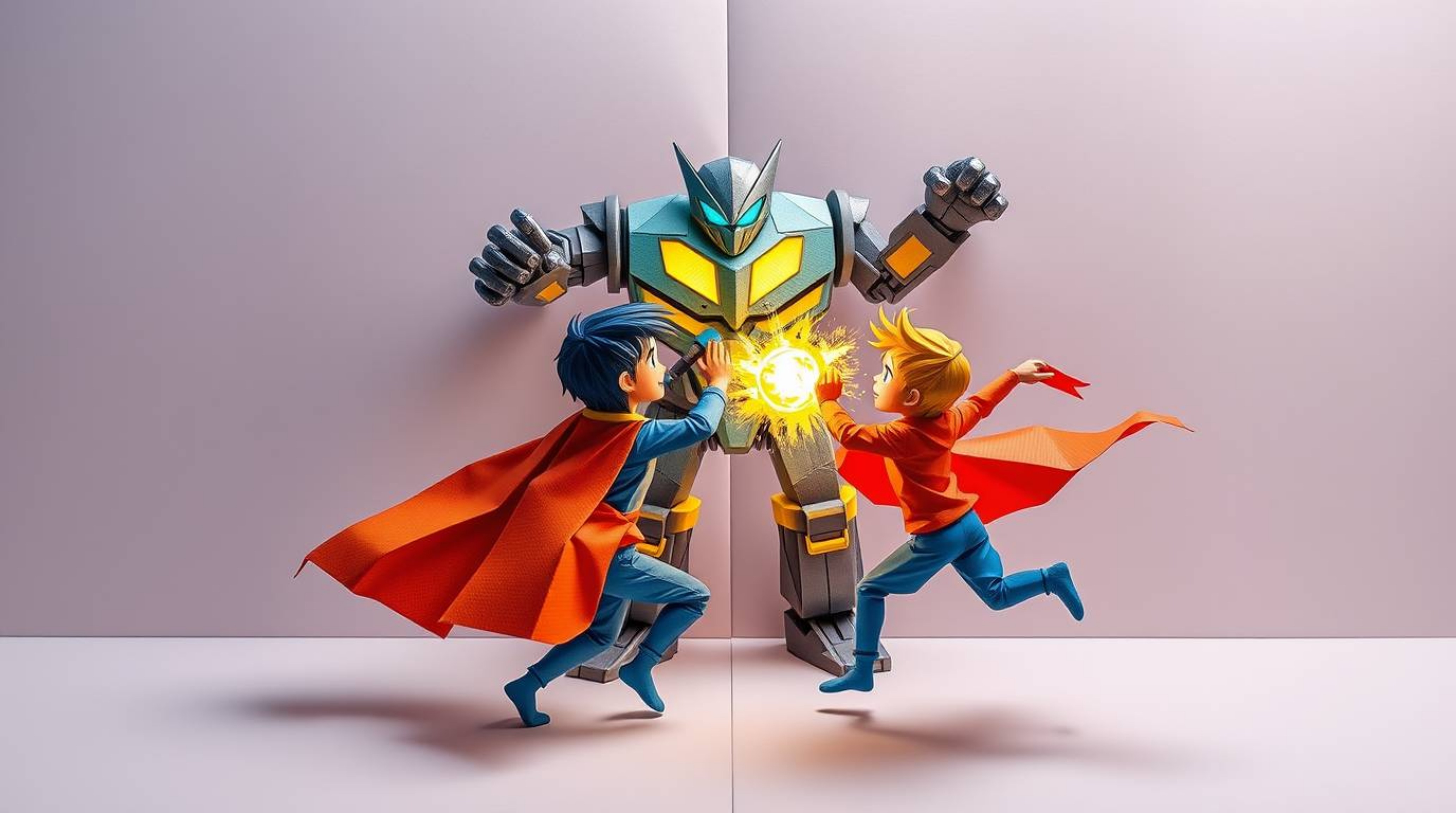 An intricate origami-style illustration depicting three superpowered children engaged in a dynamic battle against a robot, ut