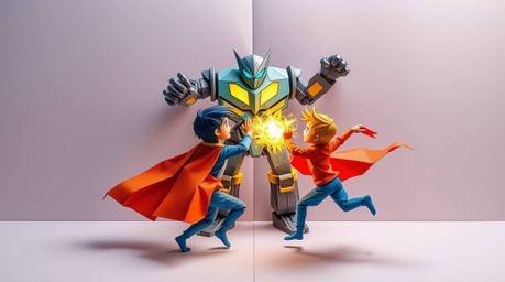 An intricate origami-style illustration depicting three superpowered children engaged in a dynamic battle against a robot, ut