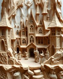 This layered papier-mâché sculpture depicts a magical school brimming with young wizards, showcasing meticulously sculpted an