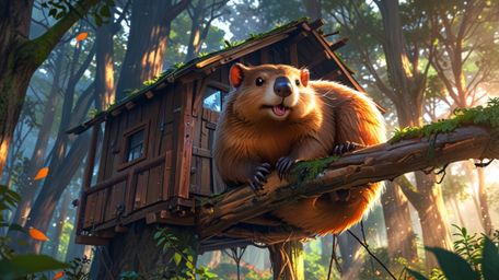 In a whimsical scene that blends the styles of Pixar and anime, a beaver is depicted with the perfect treehouse it has built 