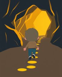 A captivating scene unfolds, depicting a child with simple features embarking on a journey into a mysterious cave, guided by 