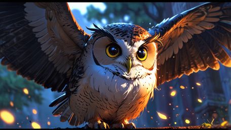 In a captivating blend of Pixar and anime artistry, this image portrays a touching narrative of a blind owl teaching other bi
