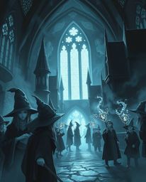 Experience a captivating portrayal of a magical school teeming with young wizards, presented in a powerful and moody style. T