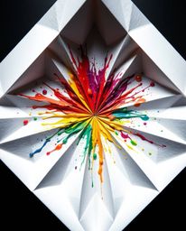 A mesmerizing origami-style image showcasing a vibrant explosion of colorful paint splashes across a pristine white canvas. T