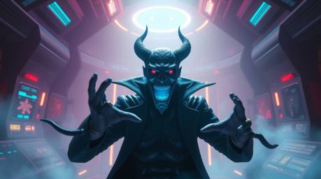 Witness a hilarious villain's meltdown in a futuristic lair, depicted with ethereal spiritual vibes.  The artwork features sm