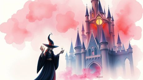 A captivating watercolor painting depicts a classic Disney villain casting a spell within a mystical castle. Rendered in sur