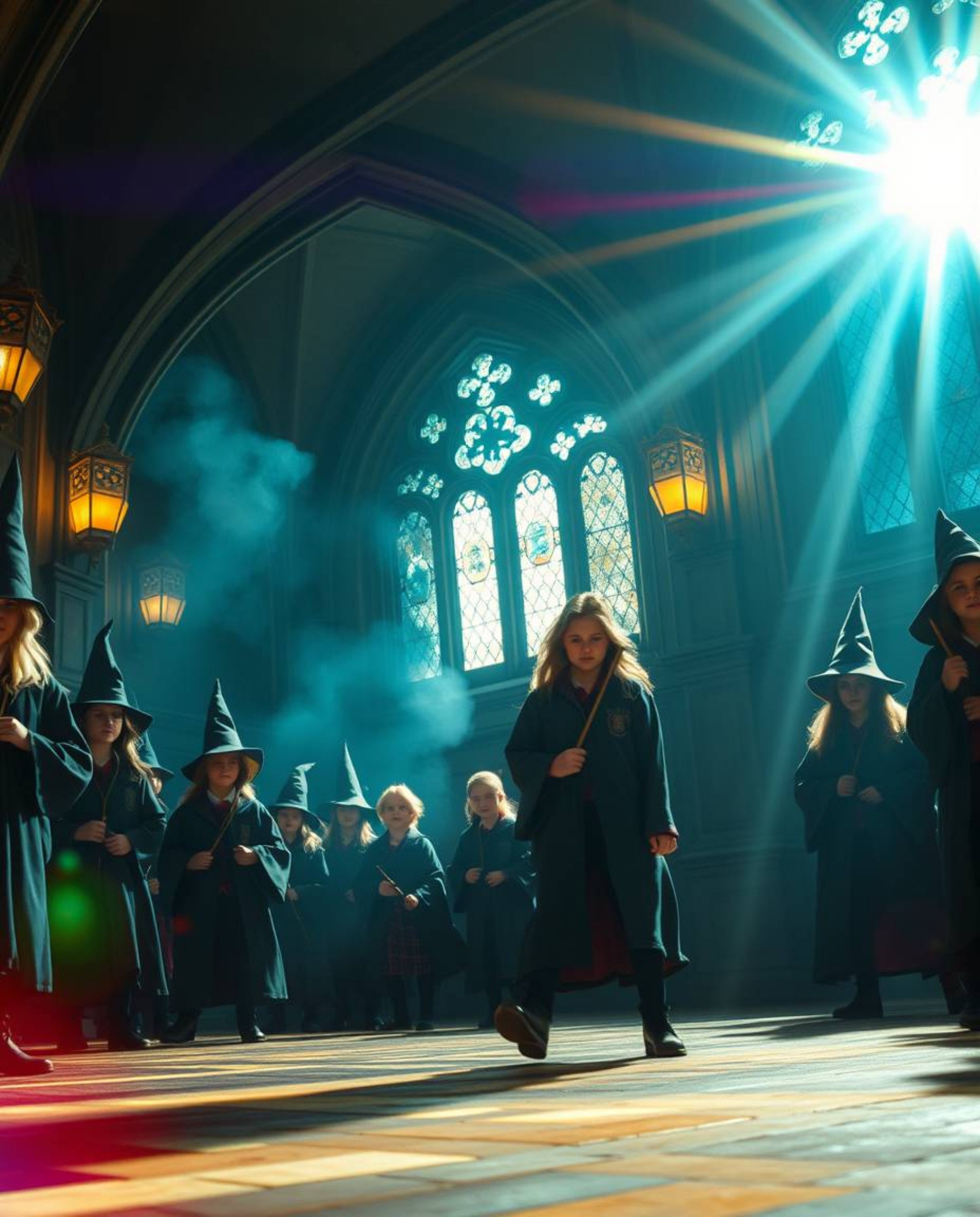 Immerse yourself in a cinematic world with this stunning image of a magical school brimming with young wizards. The scene is 