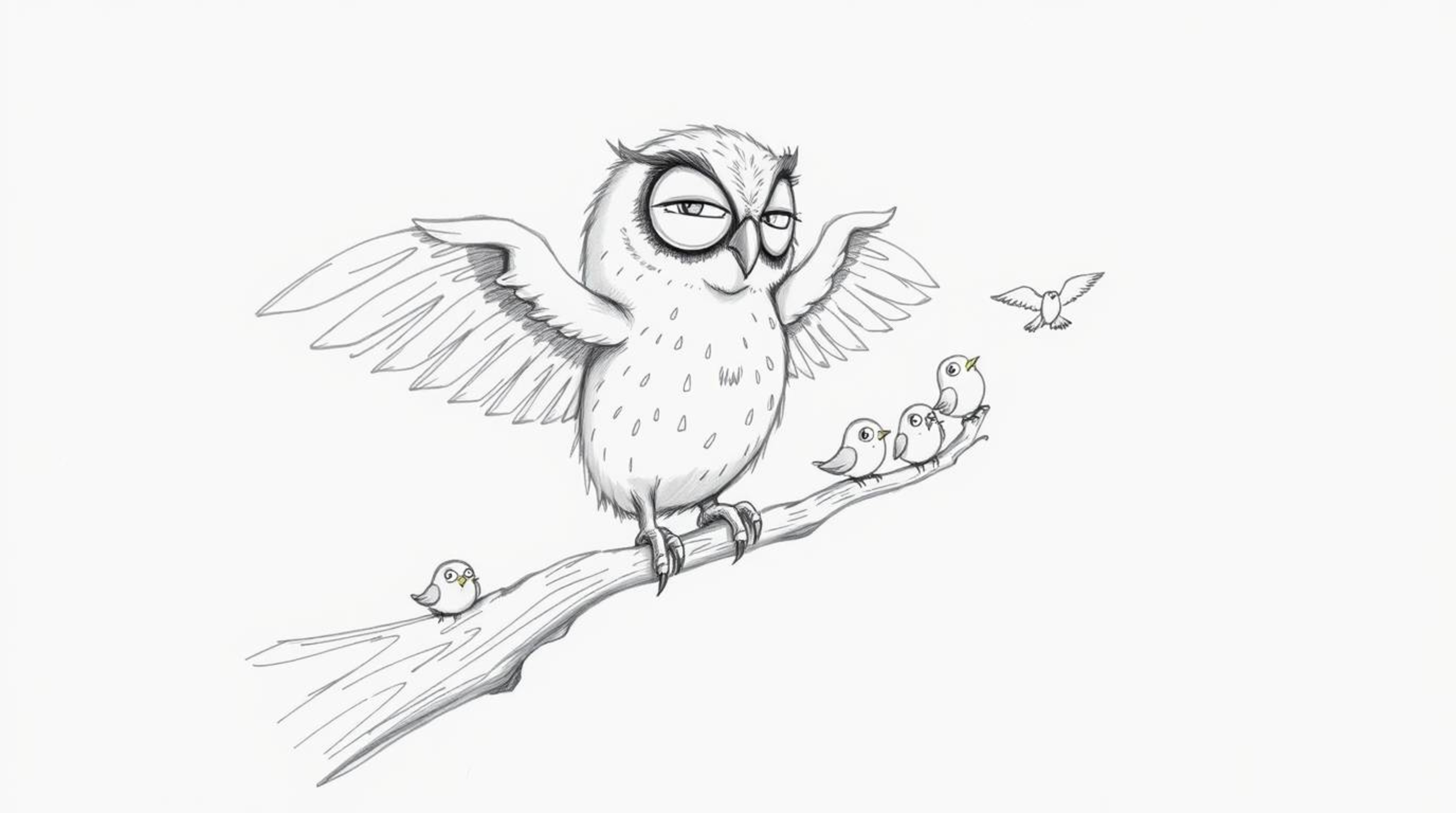 A charming hand-drawn sketch in the style of Pixar depicts a kind, blind owl with incredibly soft feathers, patiently teachin