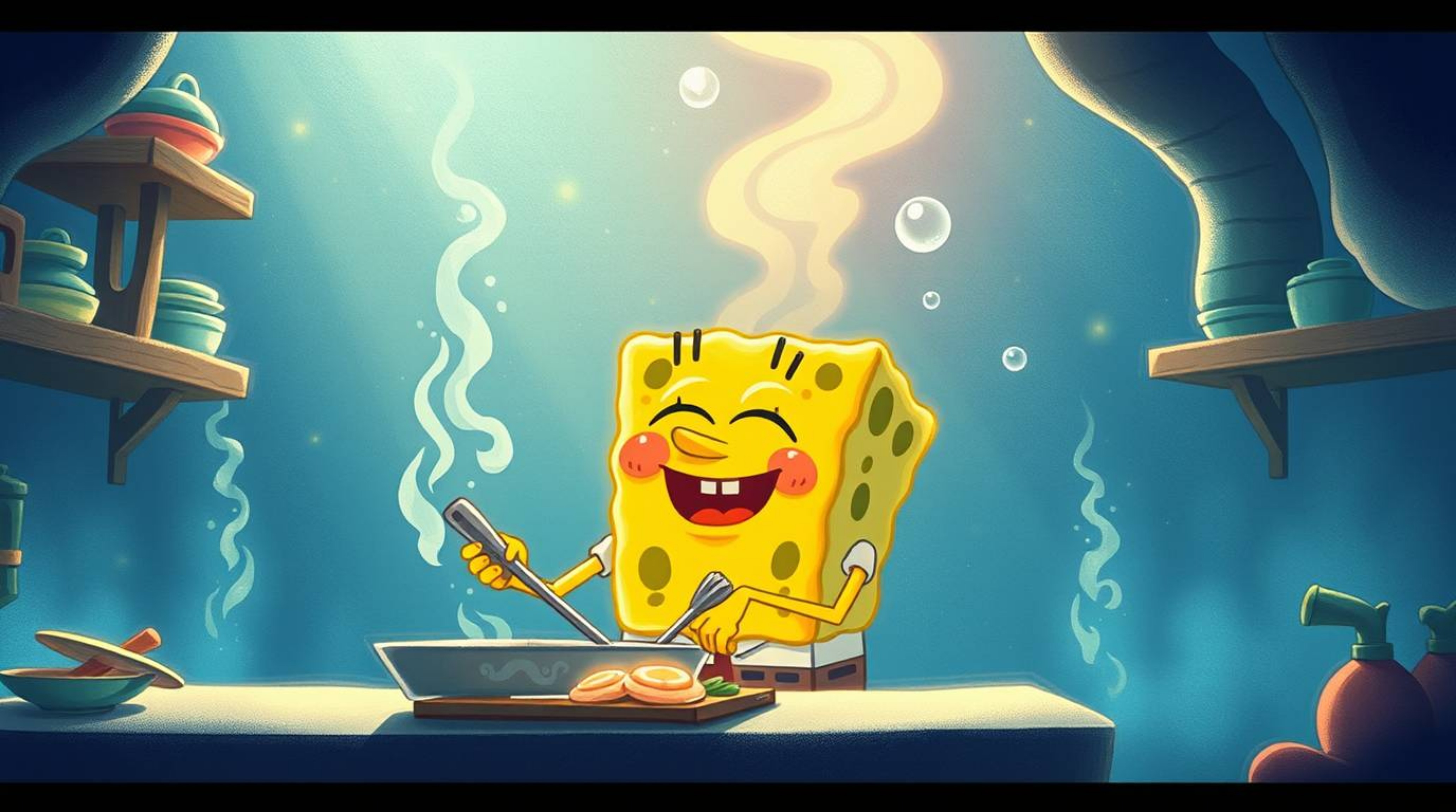 An ethereal and spiritual illustration depicts a sponge character immersed in a state of flow while cooking in an underwater 