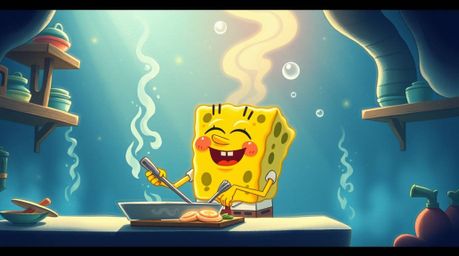 An ethereal and spiritual illustration depicts a sponge character immersed in a state of flow while cooking in an underwater 