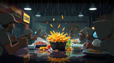A high-resolution stock photo depicting a chaotic food fight in a cartoon cafeteria.  The scene is set on a rainy day, with r