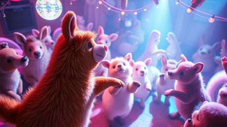 Experience a whimsical animal dance party bathed in the soft glow of disco lights and rendered in soothing pastel colors. Cap