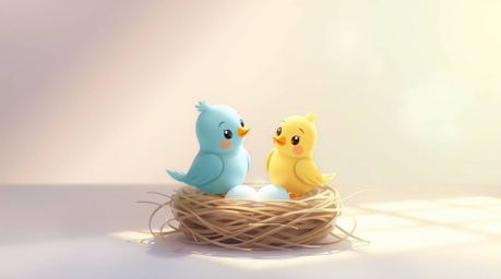 A serene scene featuring two cartoon birds, rendered in a classic animation style with gentle, soft pastel colors. They are d