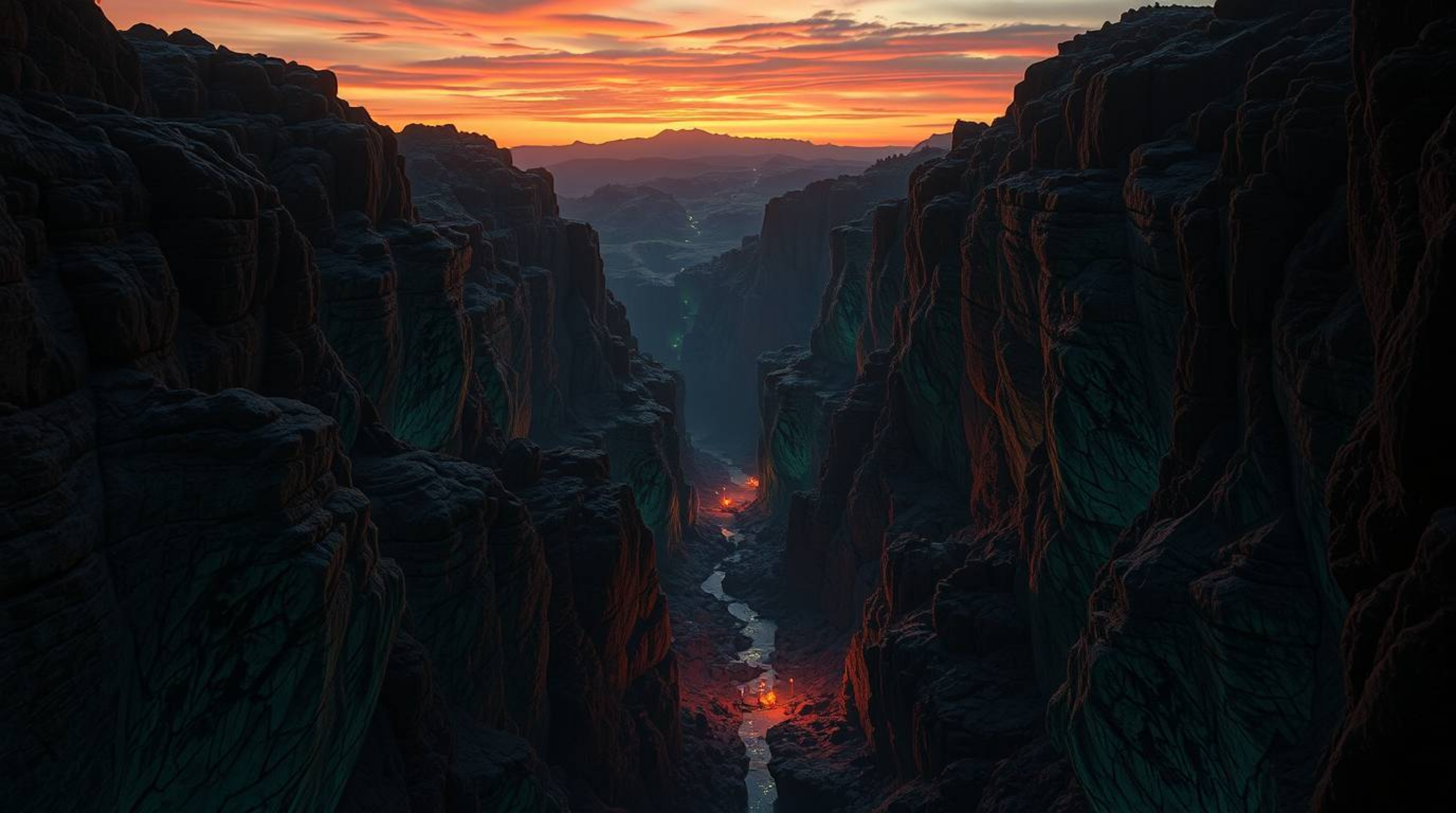 A captivating digital artwork depicts a rocky canyon bathed in warm sunset hues, enhanced by vibrant bioluminescent glows and