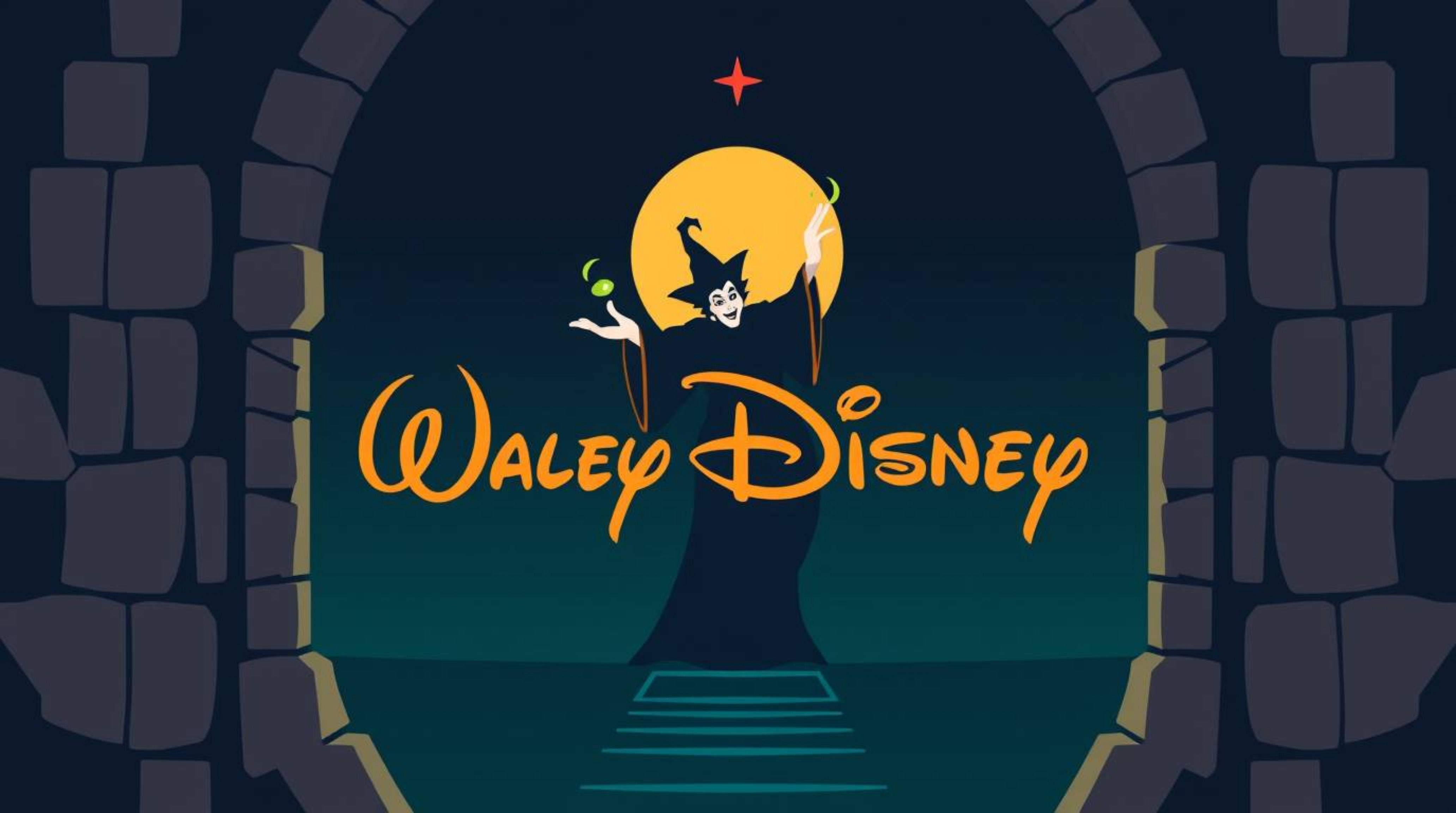 This logo concept features a classic Disney villain casting a spell within an old castle, rendered in a visually striking sty