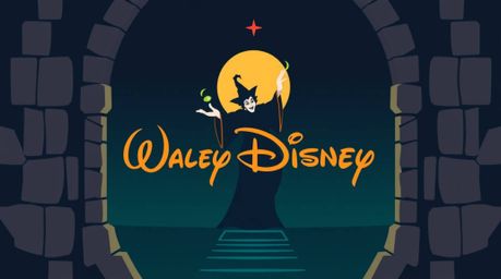 This logo concept features a classic Disney villain casting a spell within an old castle, rendered in a visually striking sty