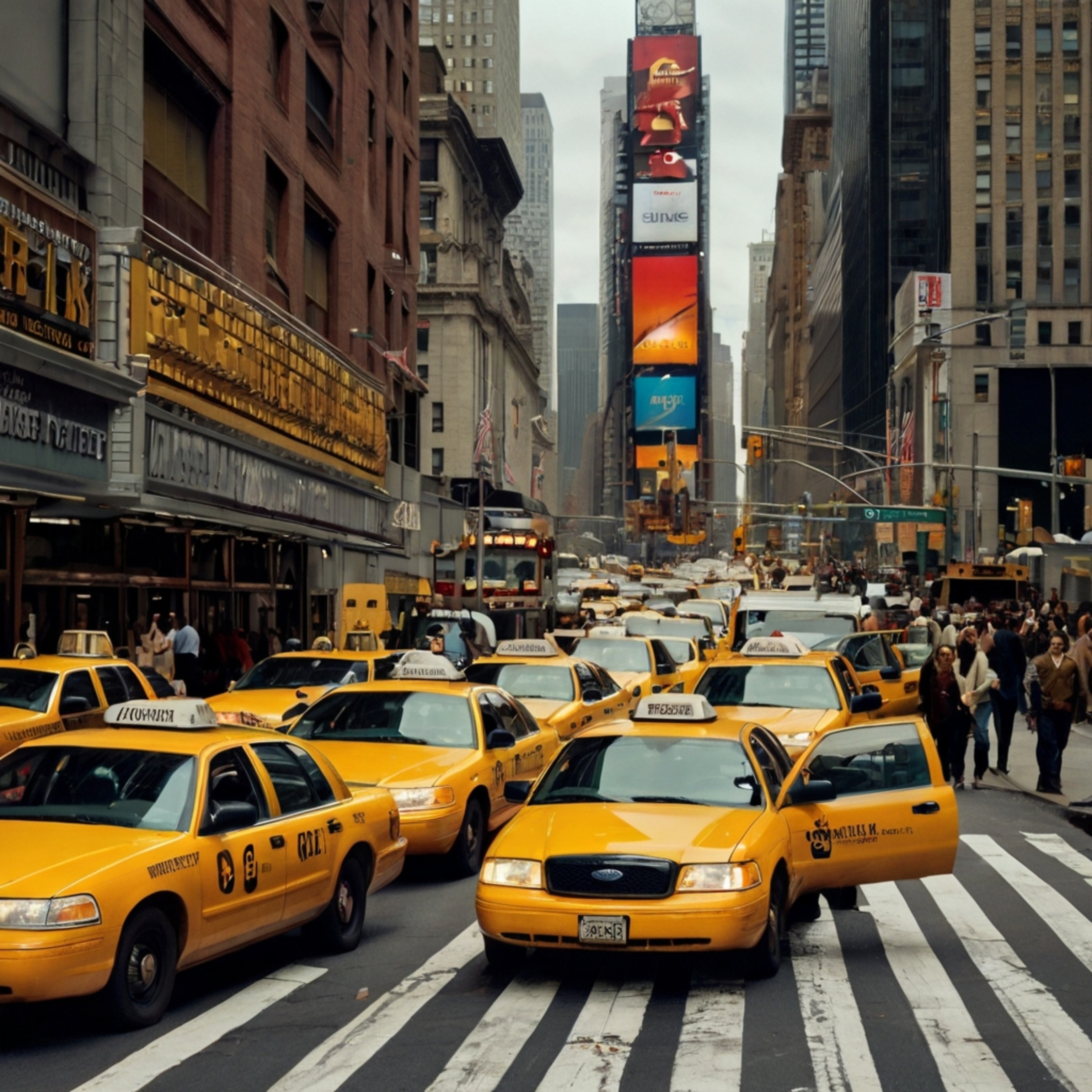 Experience the vibrant energy of a bustling New York City street.  Picture iconic yellow taxis navigating through traffic, si