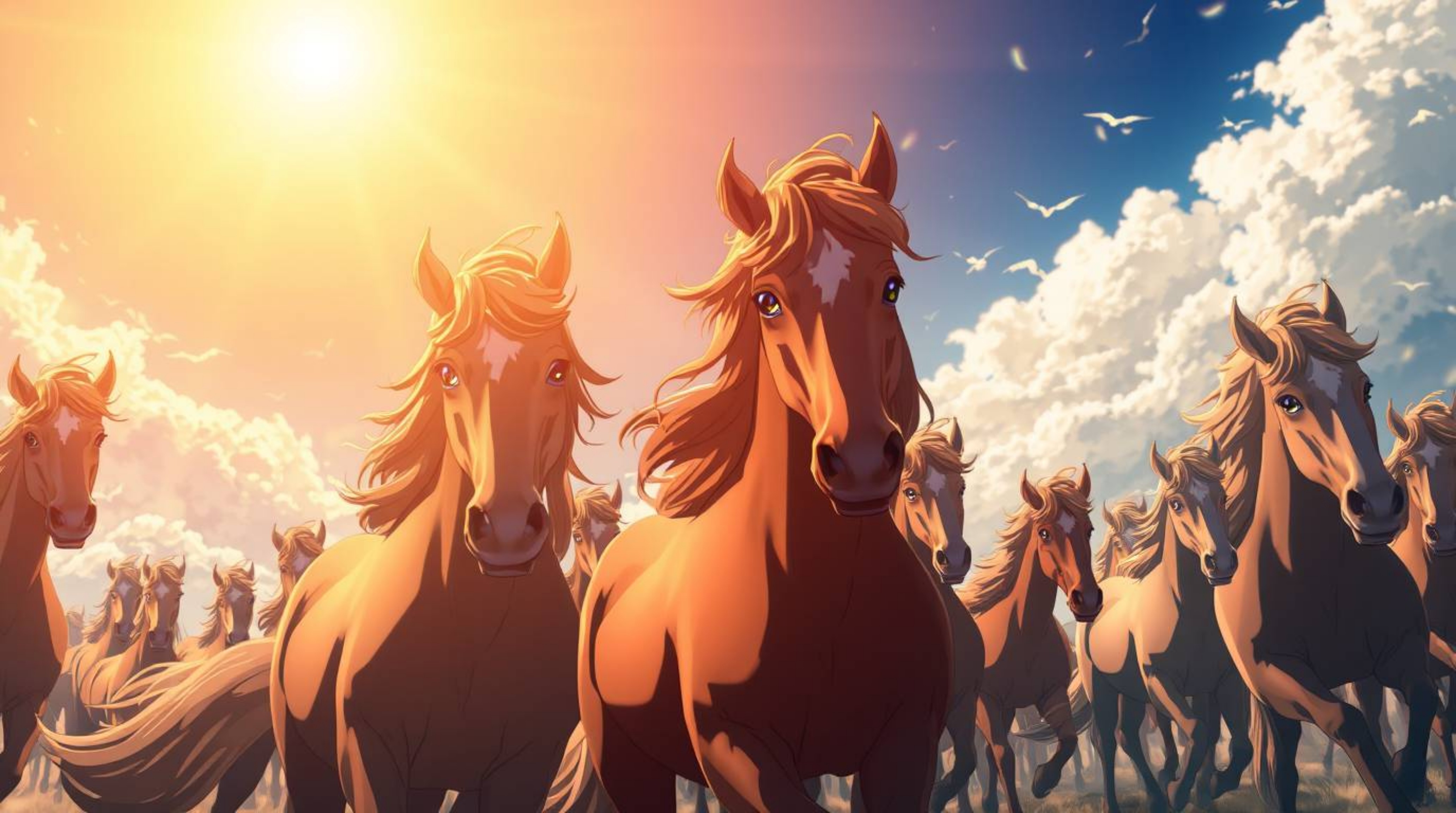 A captivating anime-style artwork depicting a herd of wild horses running under a vibrant, glowing sky.  The scene is enhance