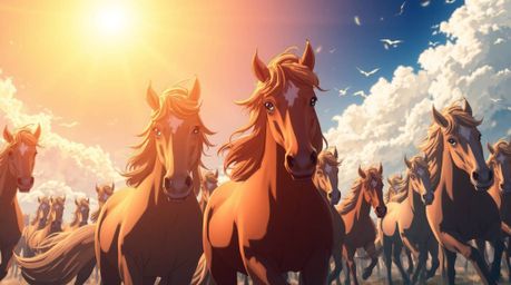A captivating anime-style artwork depicting a herd of wild horses running under a vibrant, glowing sky.  The scene is enhance