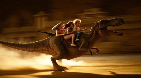 A thrilling depiction of a prehistoric family embarking on a high-speed adventure in a dinosaur-shaped car.  The scene is ren