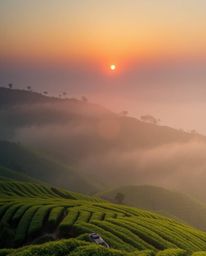 This is a high-resolution stock photo capturing an ethereal sunset over terraced tea plantations. The image evokes a mystical