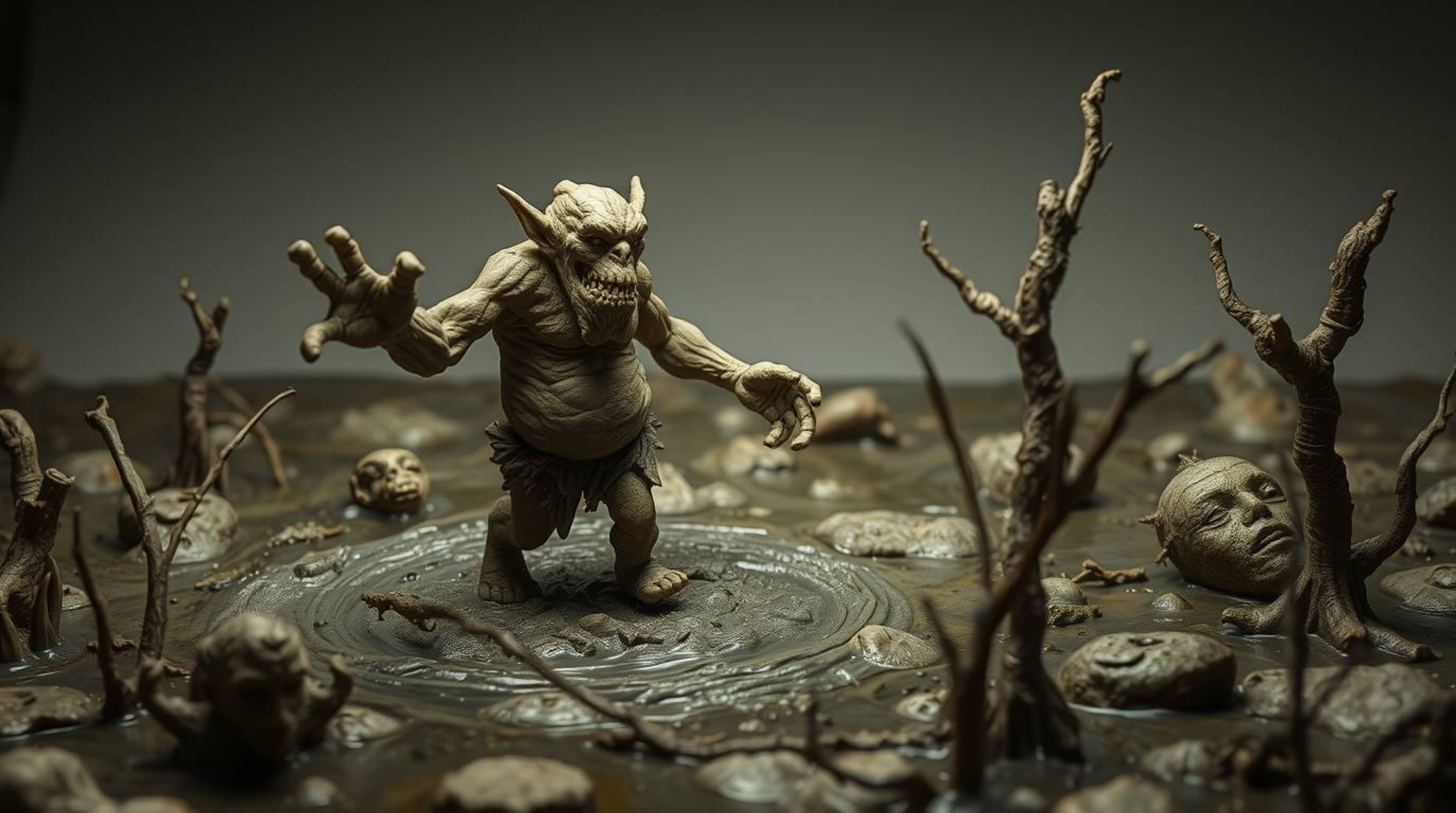 A captivating clay sculpture depicts an ogre performing a vibrant dance within a swampy environment.  The artwork showcases d