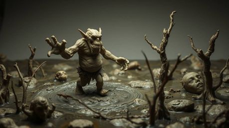 A captivating clay sculpture depicts an ogre performing a vibrant dance within a swampy environment.  The artwork showcases d