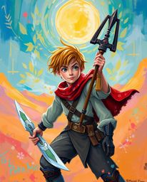 A brave hero embarks on a vibrant, Disney-style desert adventure in this captivating acrylic painting. Bold colors, textured