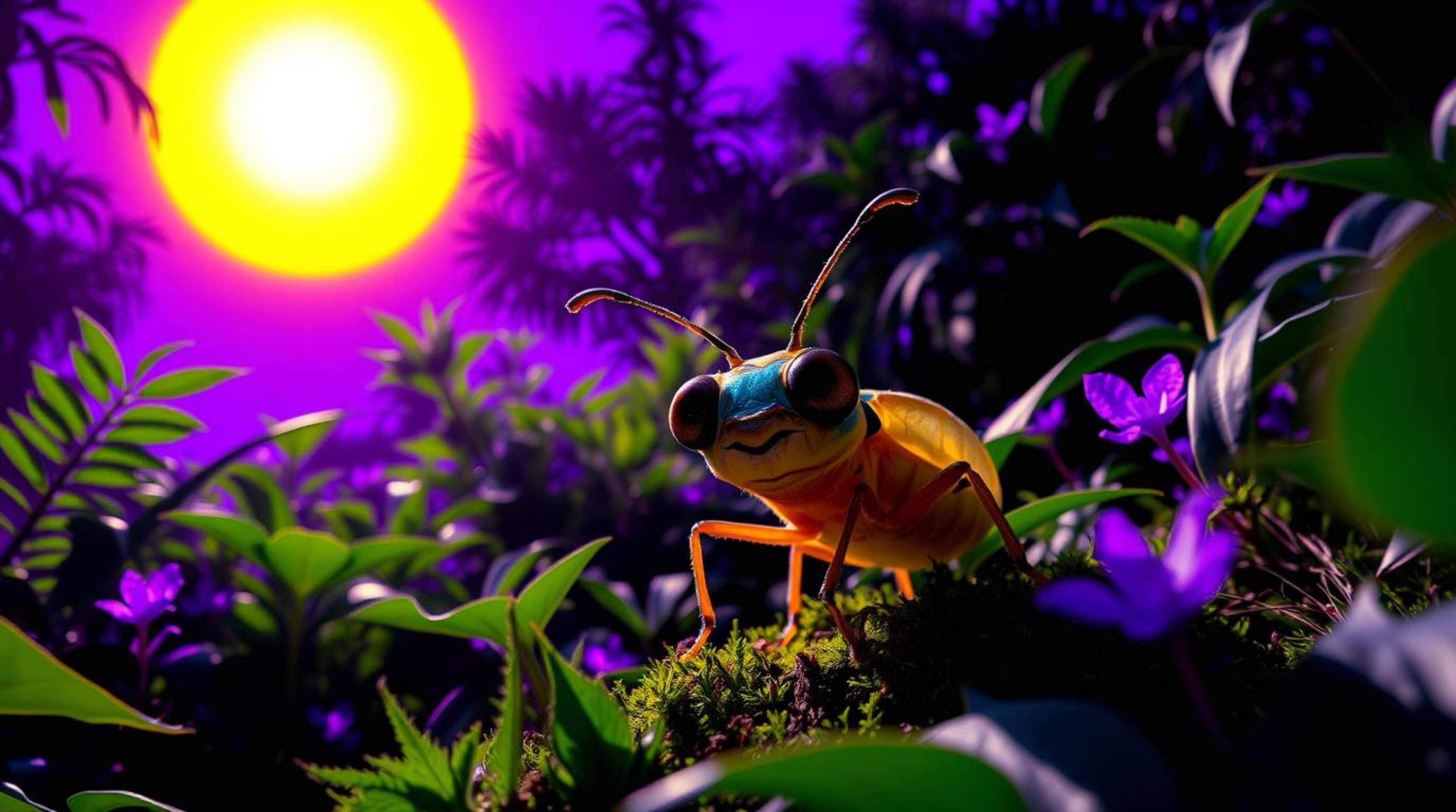 Explore the vibrant and dramatic world of a bug-sized hero as it navigates a lush backyard jungle bathed in the deep ultravio