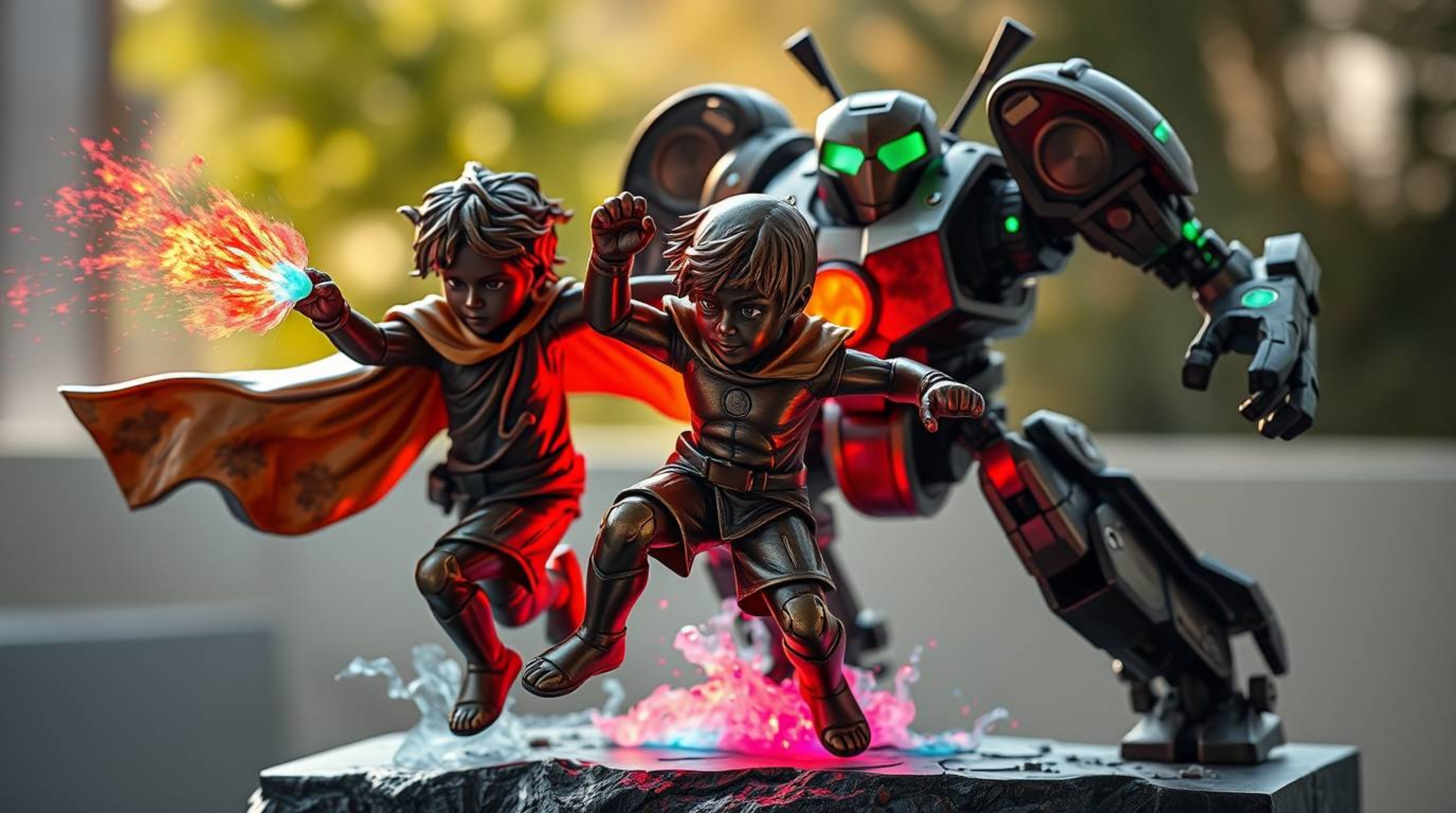 A dynamic scene featuring three superpowered children engaged in a fierce battle against a large, formidable robot. The robot