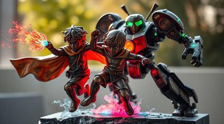 A dynamic scene featuring three superpowered children engaged in a fierce battle against a large, formidable robot. The robot