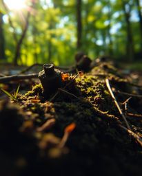 Discover a captivating blend of nature and digital art in this extreme macro photograph.  A natural forest scene is dramatica