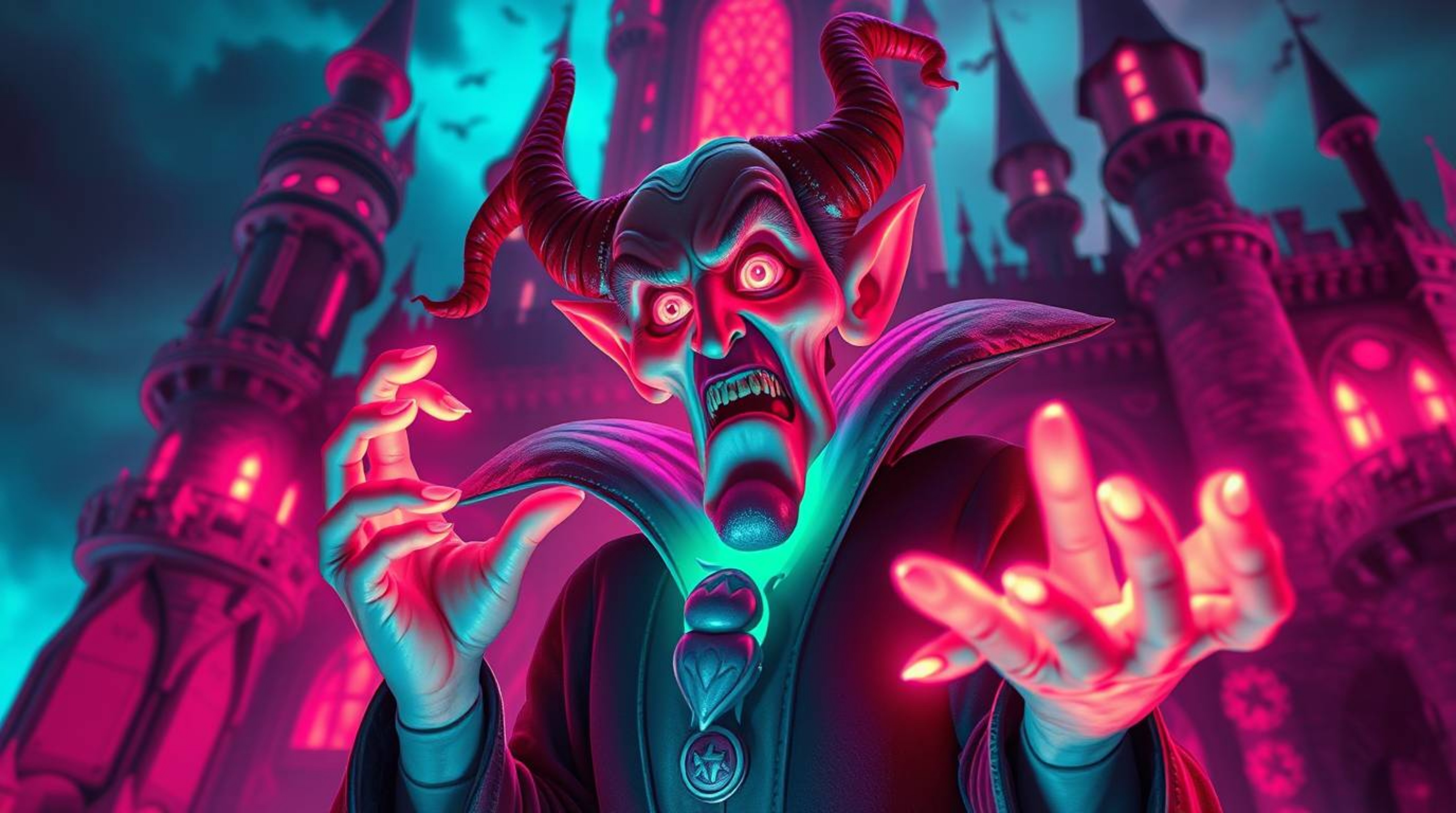 Explore a dreamlike world featuring a classic Disney villain with distorted features and glowing skin, casting a spell within