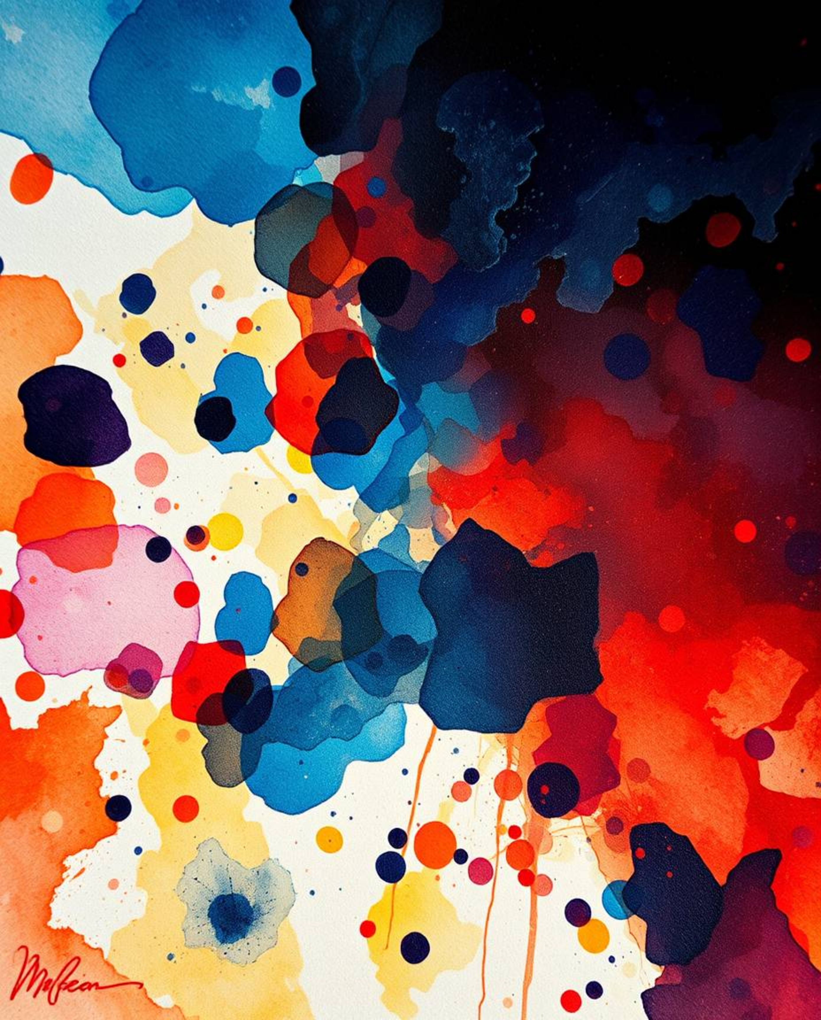 A captivating close-up watercolor painting explodes with intense dramatic lighting and vivid tones.  The chaotic harmony of c