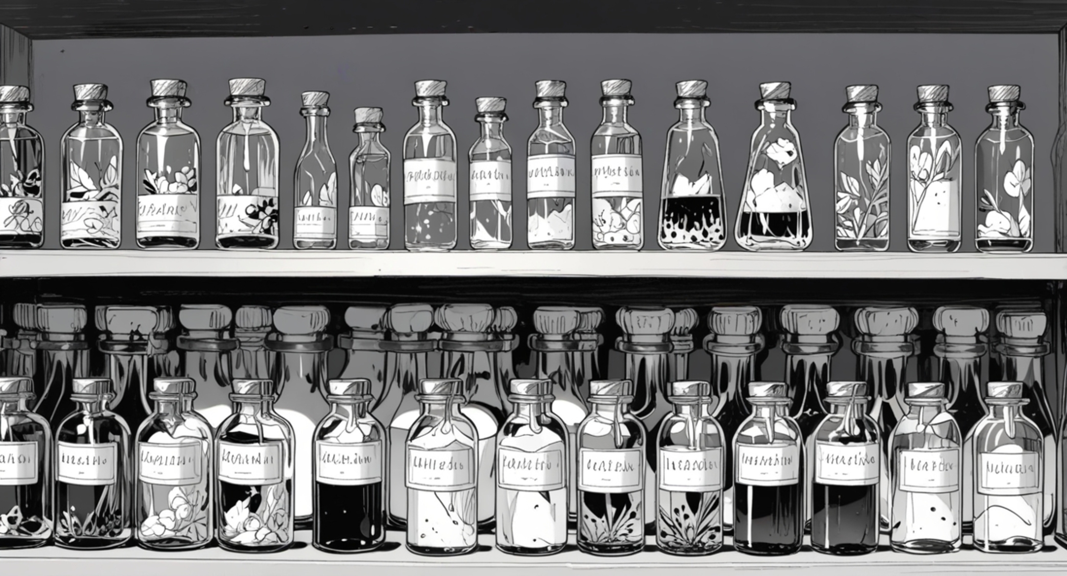 This image showcases a collection of aesthetically pleasing glass bottles, each containing different types of oil. The bottle