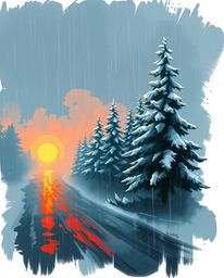 A rough, dynamic digital sketch captures a wet, rainy scene where sunset light sparkles on snowy pine trees. Rendered with lo