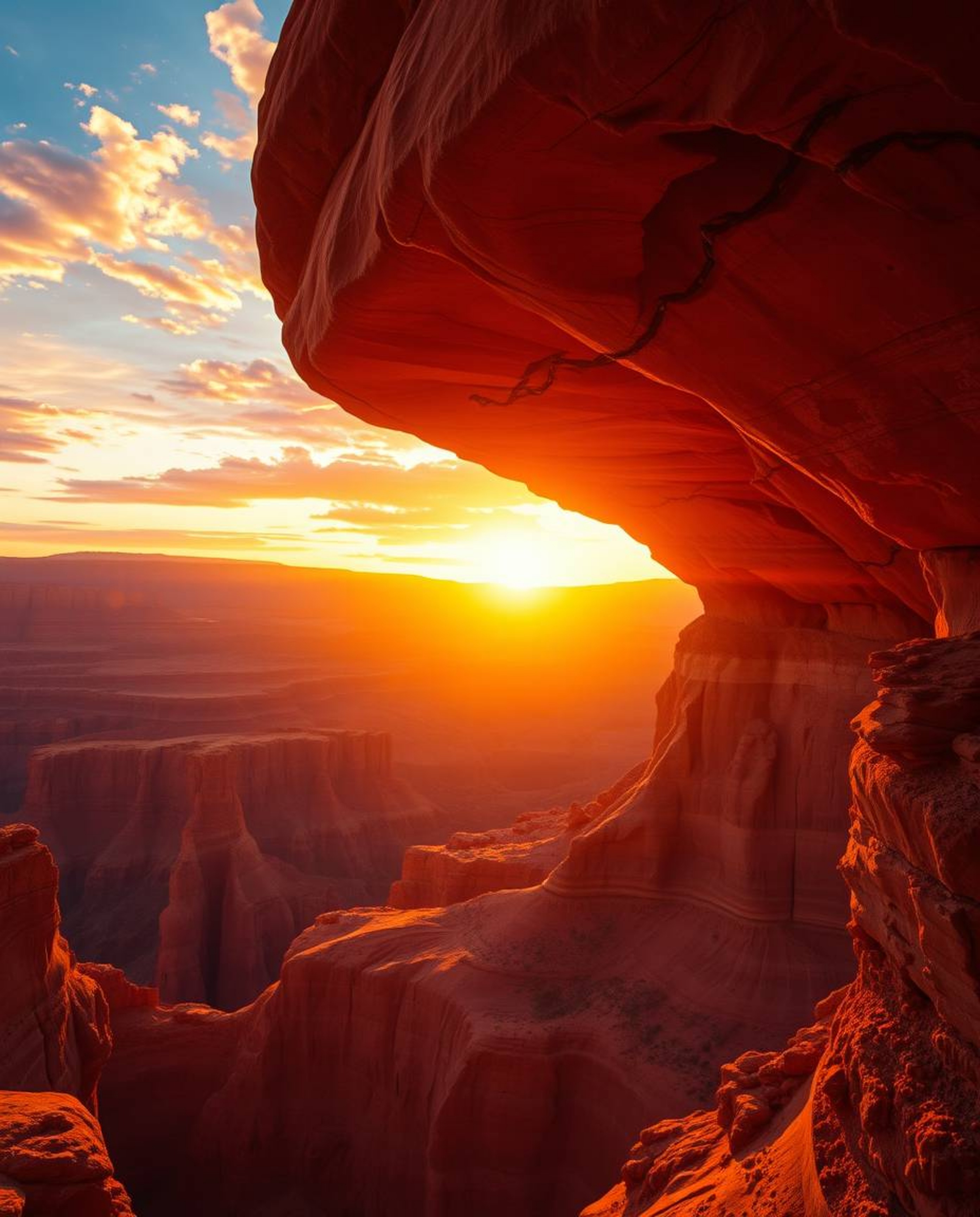 Experience a dreamlike and surreal scene bathed in a warm golden glow as the sunset illuminates massive sandstone canyon clif