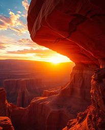 Experience a dreamlike and surreal scene bathed in a warm golden glow as the sunset illuminates massive sandstone canyon clif