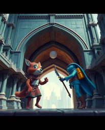 A captivating architectural photograph showcases a talking animal sidekick assisting a hero on their journey.  Rendered in co