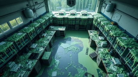 This image showcases a high-angle perspective of a science lab completely covered in slime. The lab is dramatically divided i