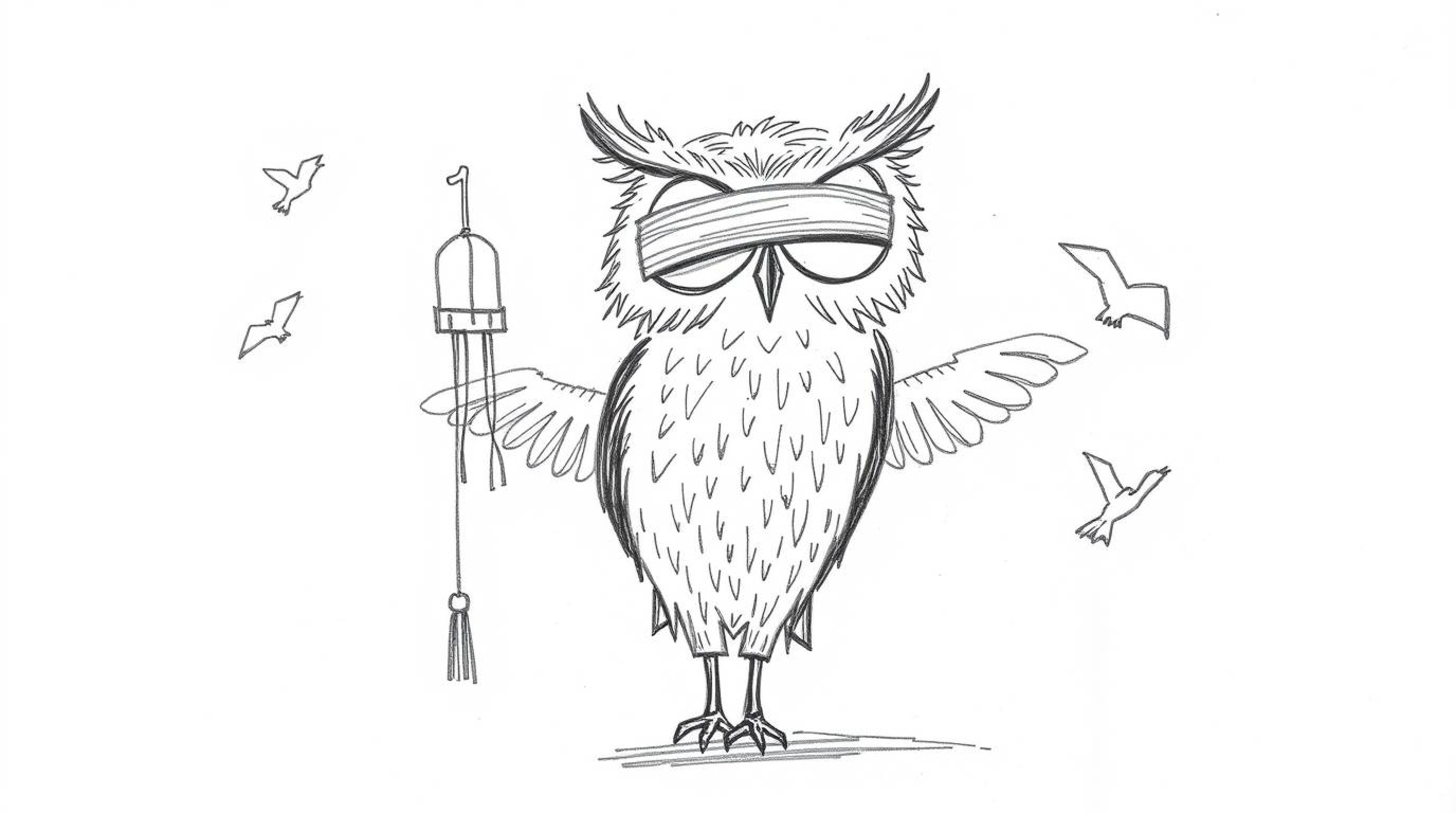 A heartwarming, hand-drawn sketch in the style of Pixar depicts a blind owl, rendered with textured pencil strokes on a white