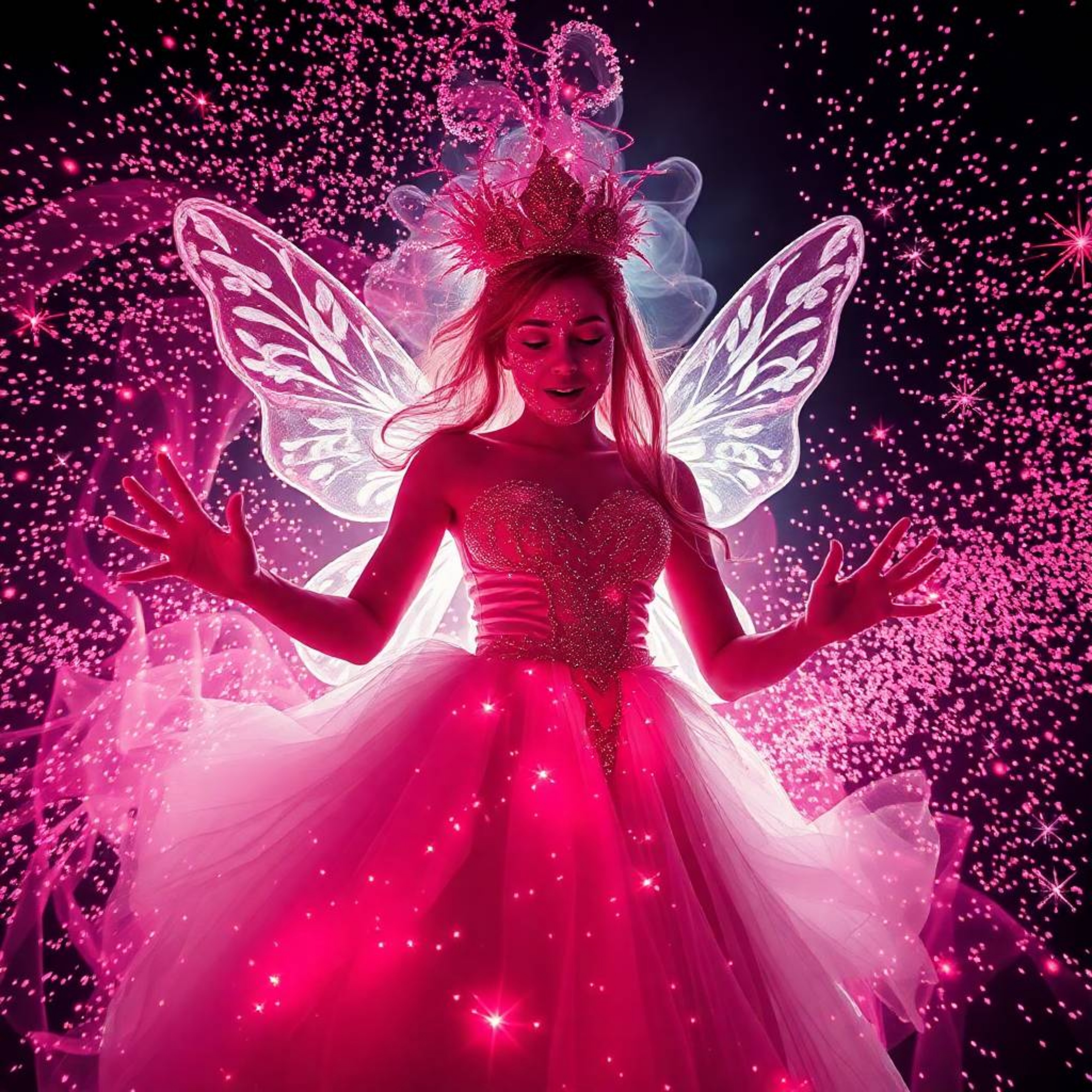 A captivating surreal image portrays a fairy godmother emerging from a swirling vortex of sparkles, captured using infrared t