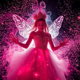 A captivating surreal image portrays a fairy godmother emerging from a swirling vortex of sparkles, captured using infrared t
