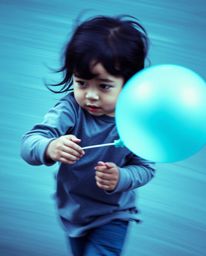 A captivating image showcasing a dynamic action shot of a dark-haired child joyfully holding a balloon.  The blurred lines cr
