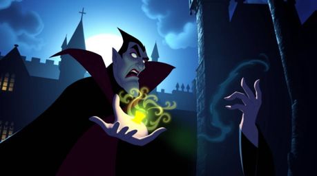 A captivating image of a classic Disney villain, sharply featured and pale-skinned, casting a spell within an ancient castle.