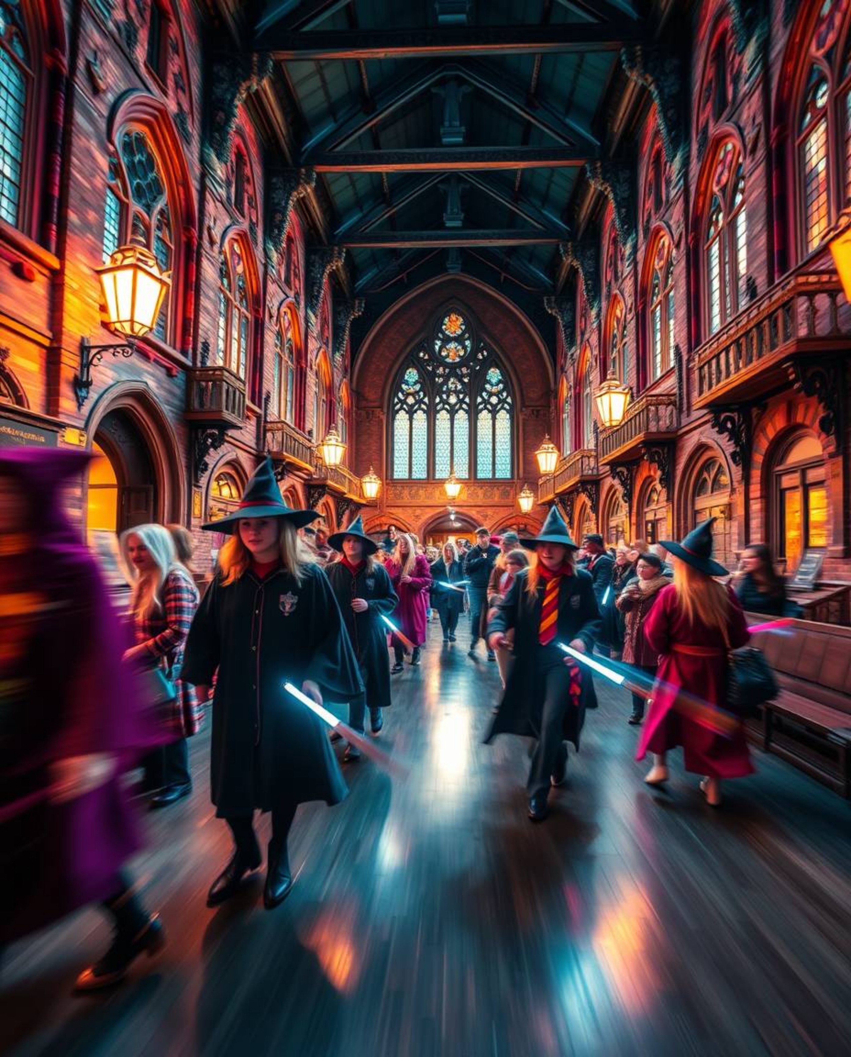 Immerse yourself in a breathtaking long exposure photograph of a magical school teeming with young wizards. Captured in elect
