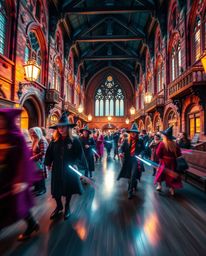 Immerse yourself in a breathtaking long exposure photograph of a magical school teeming with young wizards. Captured in elect