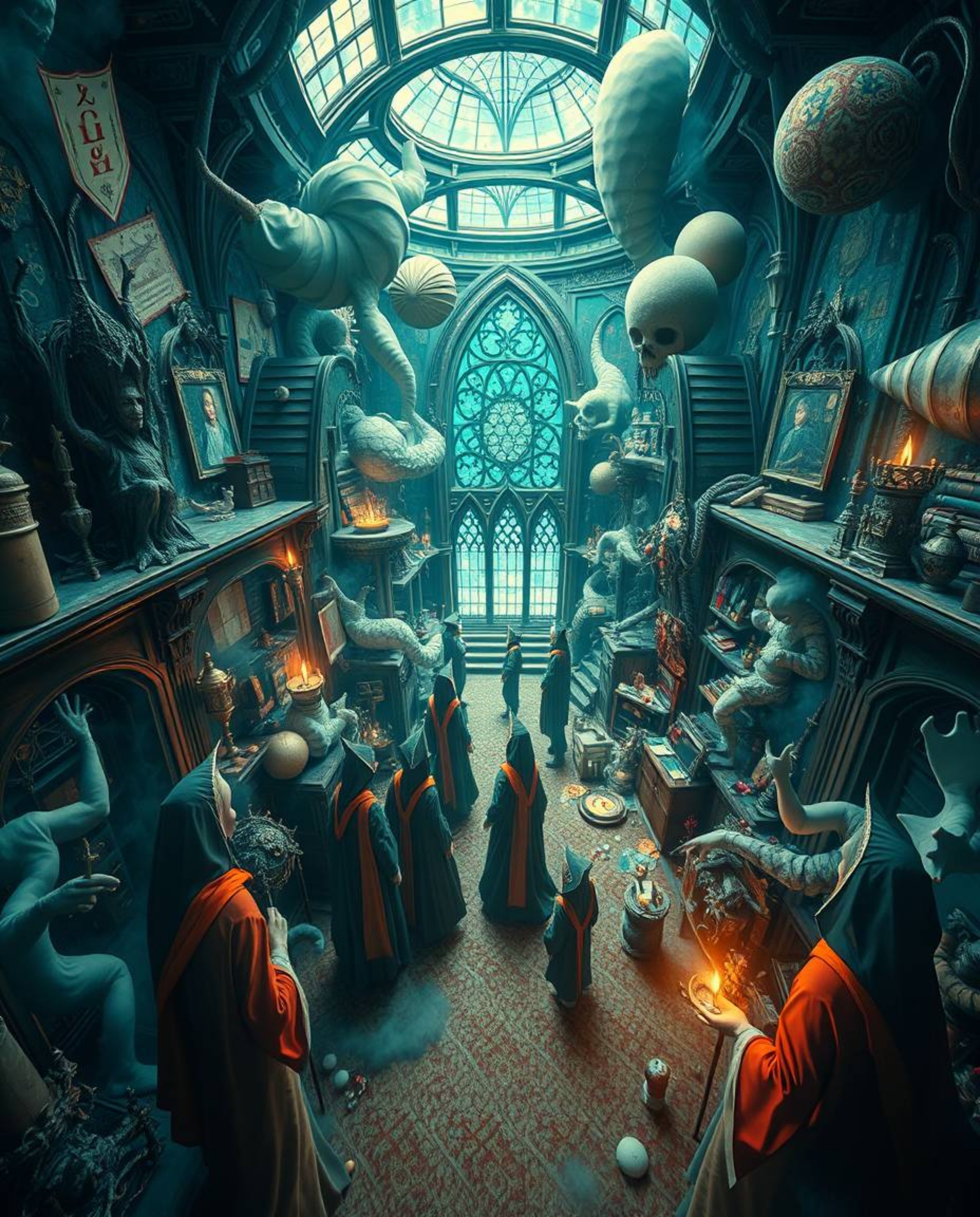 Explore a dreamlike, high-angle perspective of a surreal magical school teeming with young wizards. This fantastical scene sh