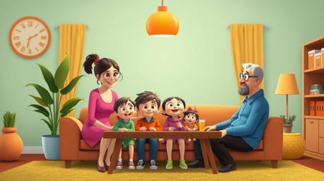 This scene depicts a heartfelt family reunion rendered in the vibrant and balanced style of Pixar animation.  The image empha