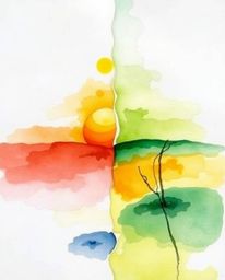 Behold a serene Zen garden at sunset, envisioned as a delicate watercolor painting. The sky is uniquely split into distinct s